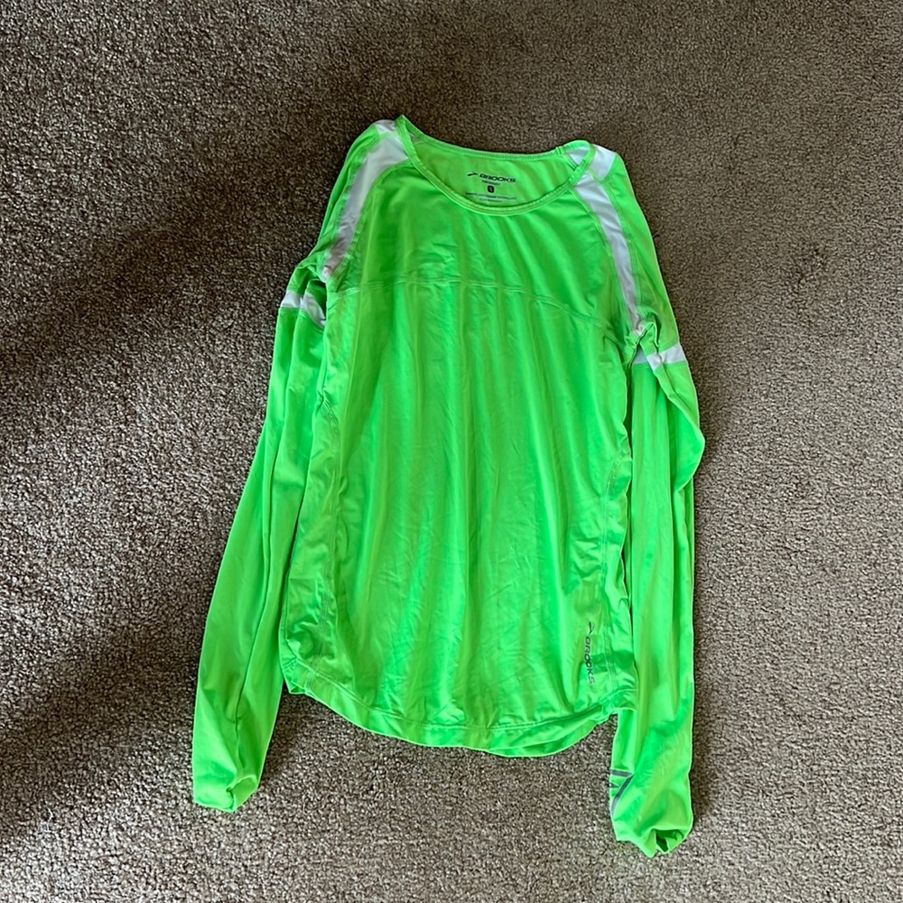 Brooks neon green dry fit long sleeve tech shirt, size small